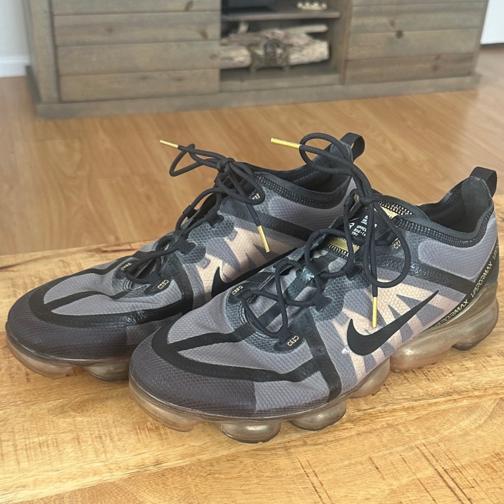 Nike VaporMax Black and Grey Running Shoes with Gold Accents